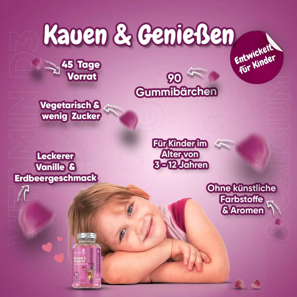 maxmedix | Kalcium & Vitamin D3 Gummibärchen für Kinder - 90 Stück