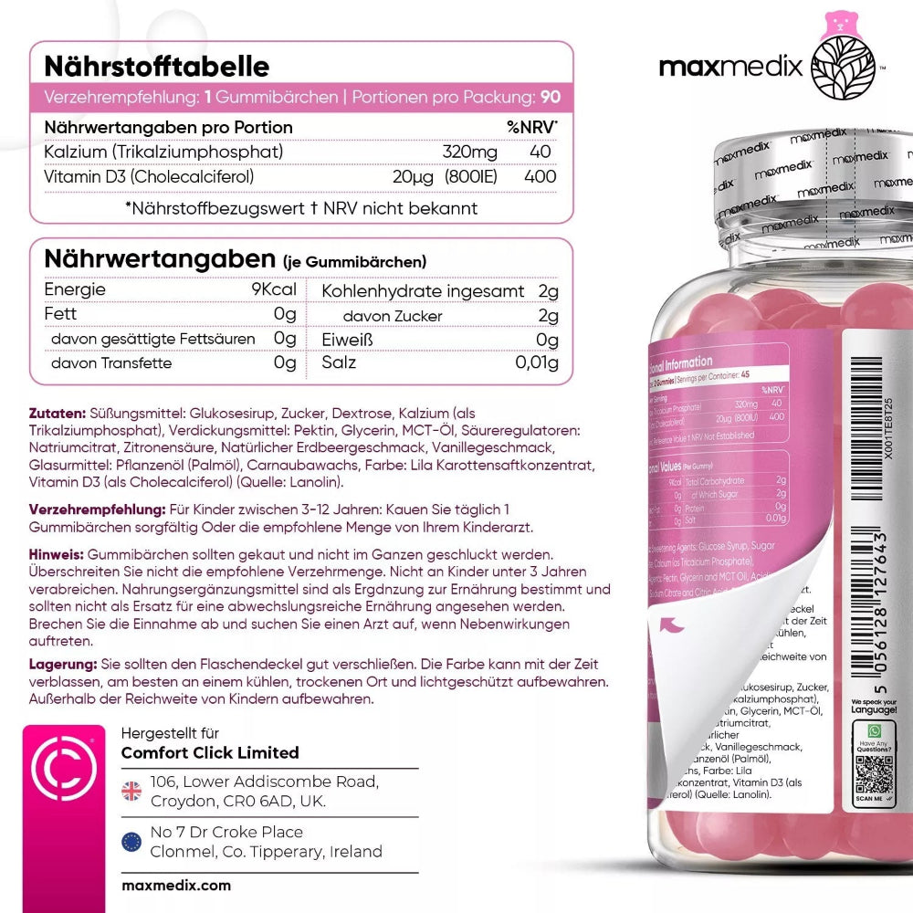 maxmedix | Kalcium & Vitamin D3 Gummibärchen für Kinder - 90 Stück