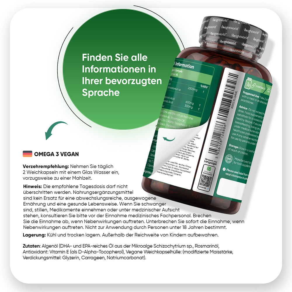 WeightWorld | Vegane Omega-3 - 1000 mg für Herz, Gehirn und Augen - 90 Weichkapseln